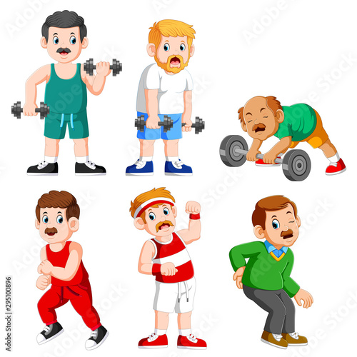 Senior man working out with weights and a man suffering from a pain