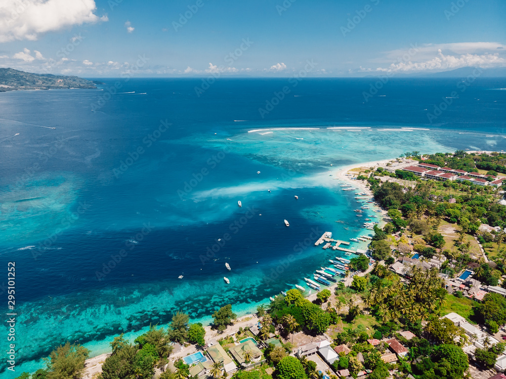 Beautiful tropical island with turquoise ocean, aerial view. Gili island