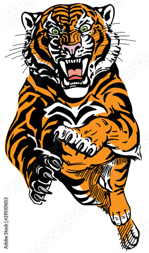 Angry leaping tiger. Jumping big cat. Front view. Isolated tattoo style vector illustration