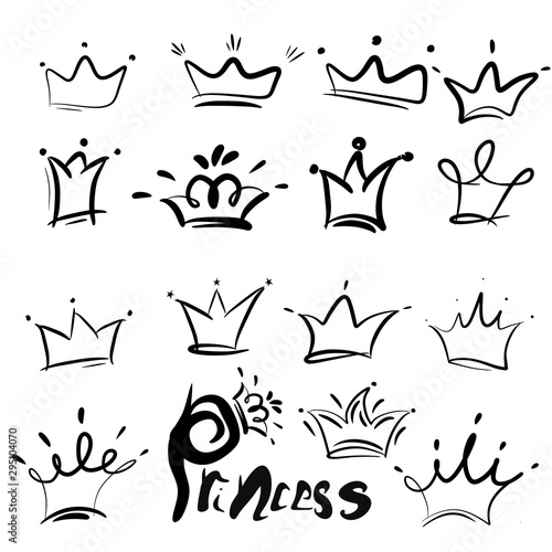 a beautiful set for designers of 15 hand-drawn crowns in black. illustration.