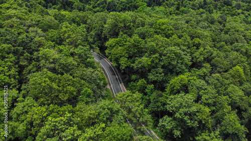 Road through the tropical evergreen forest or tropical rain forest, Aerial view of empty road in evergreen forest