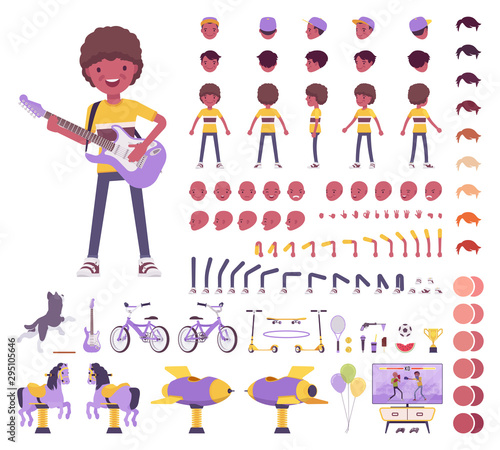 Boy child 7, 9 year old, school age black kid construction set, schoolboy, active guy in summer wear, fun, activities creation elements to build own design. Cartoon flat style infographic illustration