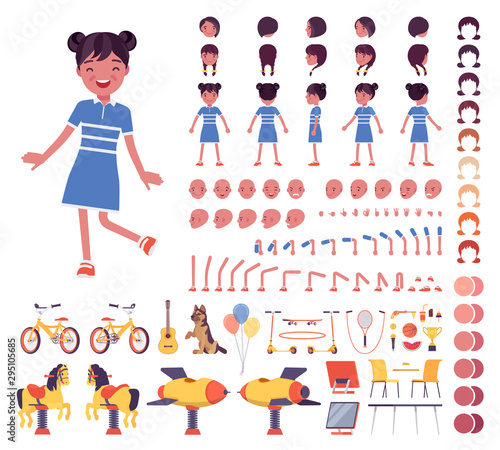 Girl child 7, 9 year old, school age black kid construction set, active schoolgirl in summer wear, fun and activities creation elements to build own design. Cartoon flat style infographic illustration