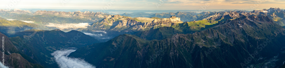 Panorama of mountain range at down. French Alps