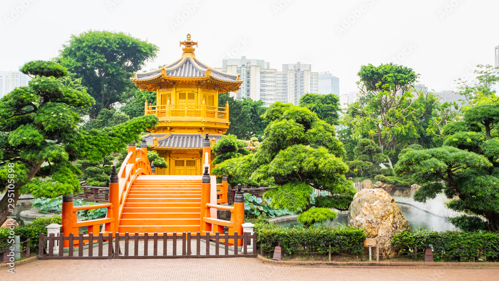 Fototapeta premium Architecture China, Classical Garden, Nan Lian Gold Chinese pavilion at the park , Golden Pavilion of Perfection in Nan Lian Garden, Hong Kong