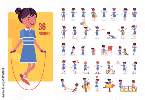 Girl child 7, 9 year old, school age black kid character set. Schoolgirl, active guy in summer wear, fun, entertainment playing on playground. Full length, different view, gestures, emotions and poses