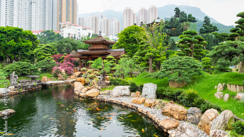 Architecture China, Beautiful wooden pavilion Chinese style architecture classical in nanlian garden, Hong Kong photo