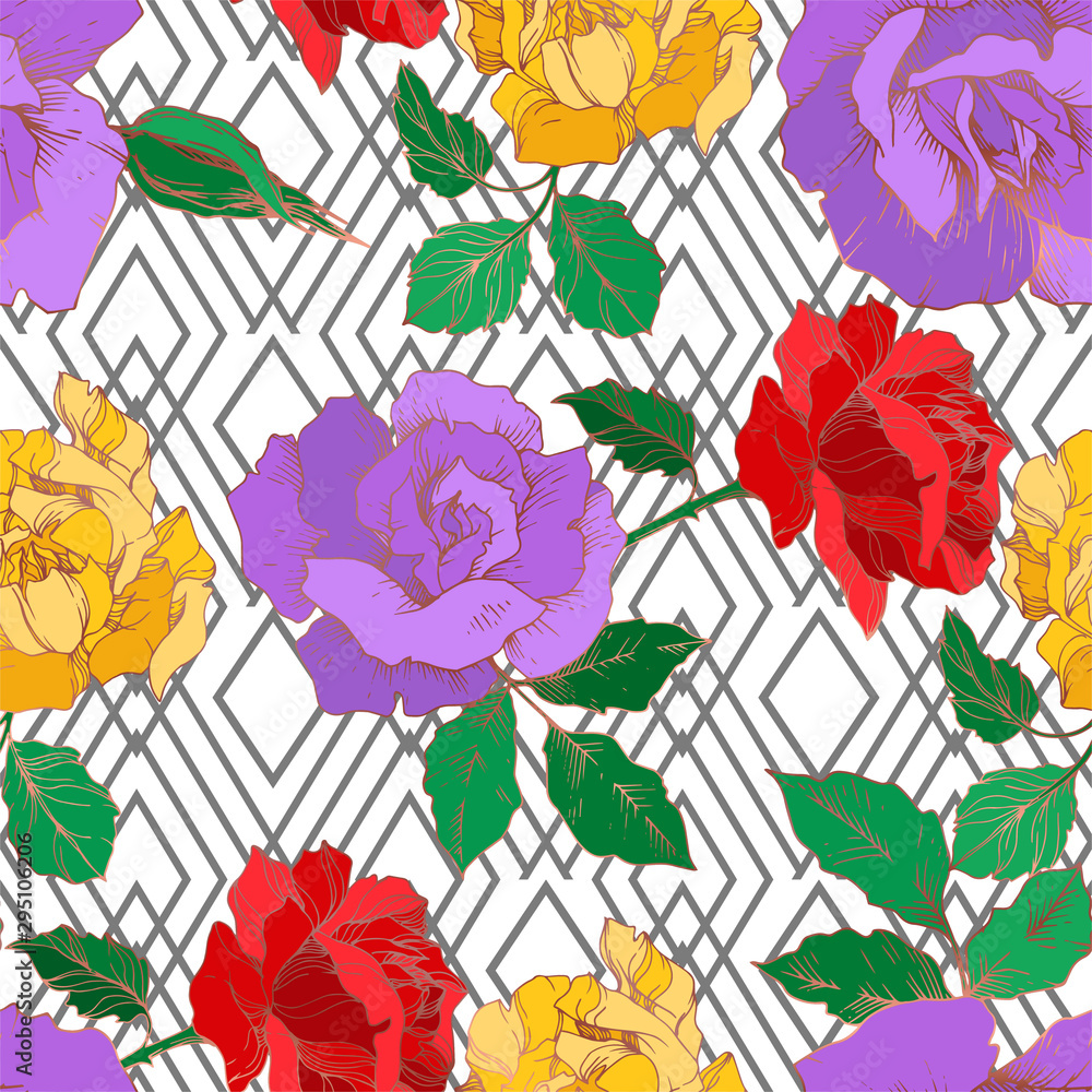 Obraz premium Vector rose floral botanical flowers. Black and white engraved ink art. Seamless background pattern.