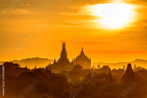 sunrise over Bagan, Myanmar temples in the Archaeological Park, Burma.