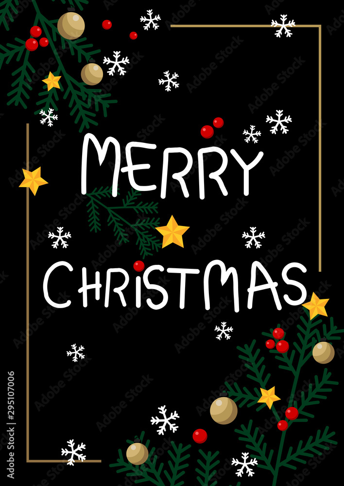 Merry Christmas card decorated with pine tree and star shape and ornaments and snowflake Merry Christmas card decorated with pine tree and star shape and ornaments and snowflake