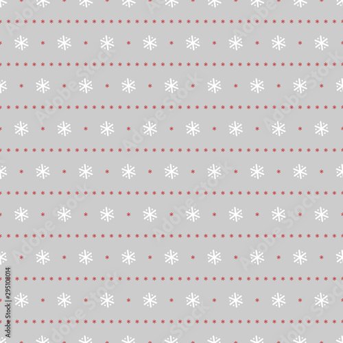 Vector Seamless Pattern of Snowflakes. Winter Traditional Holiday Wallpaper with Snow Print. Striped White Red Gray Background for Gift Wrapping or Textile. Christmas and New Year 