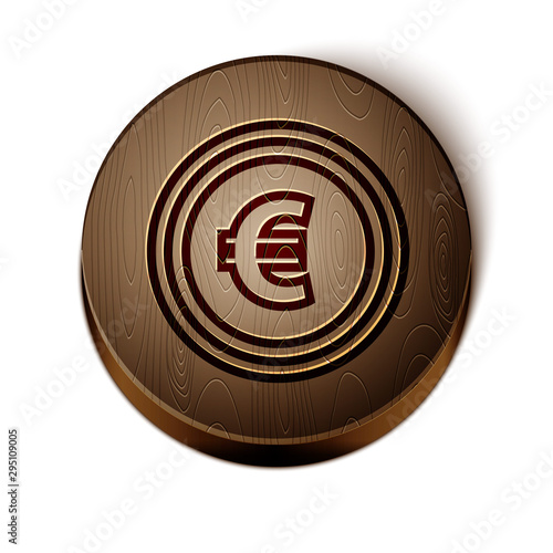 Brown line Coin money with euro symbol icon isolated on white background. Banking currency sign. Cash symbol. Wooden circle button. Vector Illustration