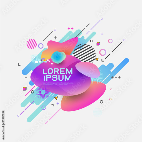 Abstract fluid dynamic mixed geometric shapes. Trendy badges geometric design, banner for replace text. Vector illustration