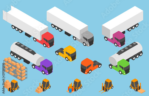 Vector isometric transport. Trucks with semi-trailers icon set