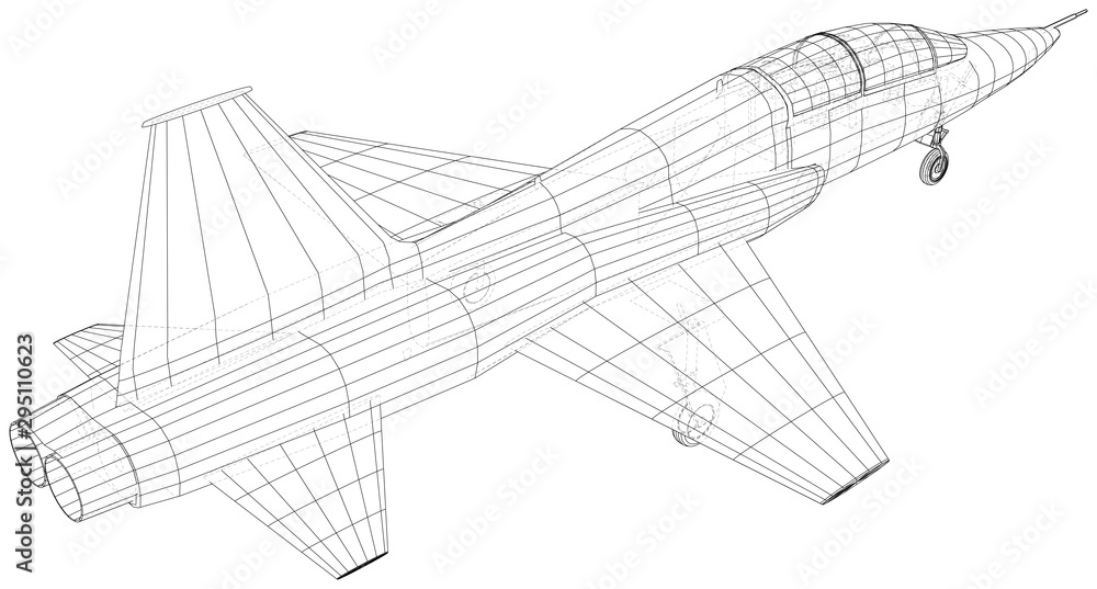 Outline Airplane. Vector rendering of 3d. Wire-frame style. The layers of visible and invisible lines are separated.