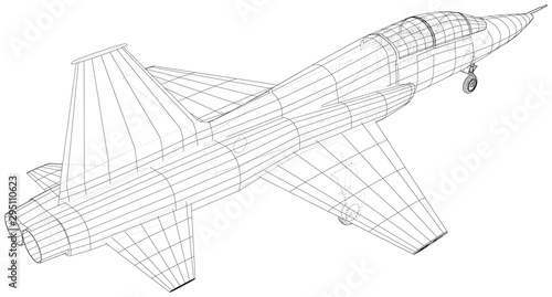 Outline Airplane. Vector rendering of 3d. Wire-frame style. The layers of visible and invisible lines are separated.