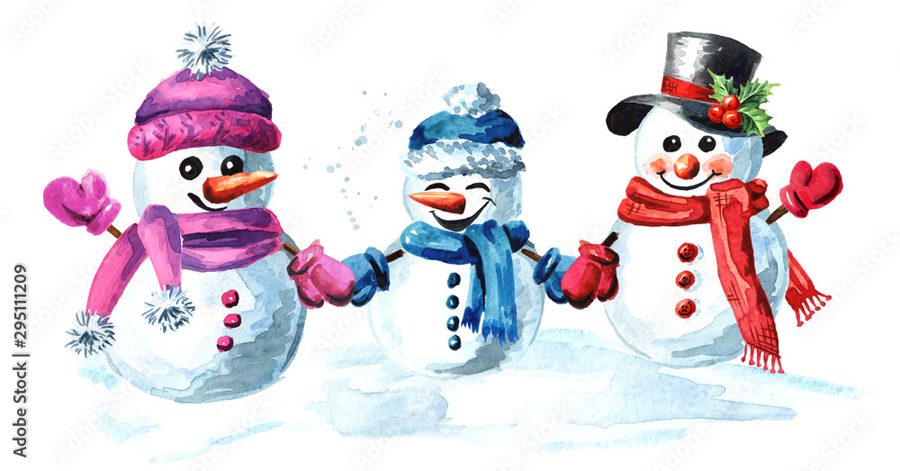 Happy snowmen family in cap, scarf and mittens. Watercolor hand drawn illustration isolated on white background