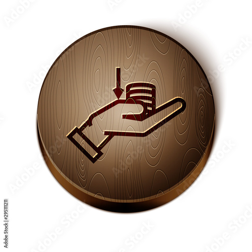 Brown line Money on hand icon isolated on white background. Palm holds cash with down. Cash salary decrease. Wooden circle button. Vector Illustration