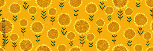 Cute floral print. Seamless pattern with small hand drawn sunflowers on bright yellow background. Abstract botanical panorama, Wallpaper, fabric, template for sunny design...Vector illustration.
