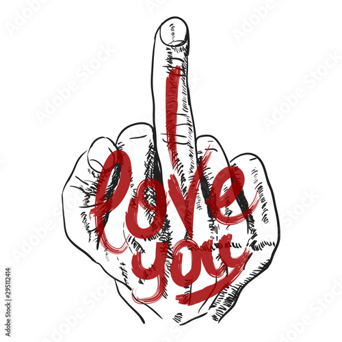 Hand, middle finger. Fuck you, symbol. I love you. Inscription. Vector illustration