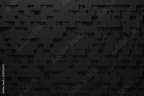 Black background with geometric shapes, dark volume.