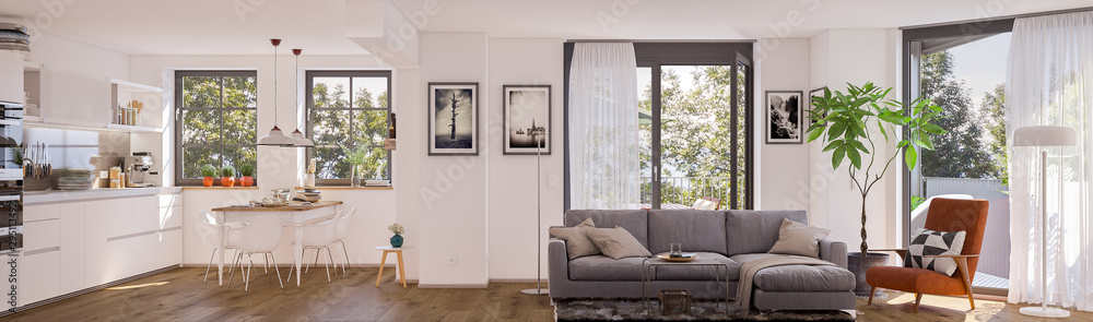 panorama view inside modern european apartment - obrazy, fototapety, plakaty 