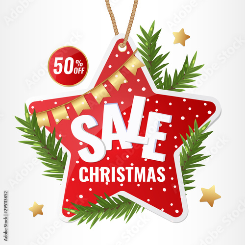 Christmas sale winter red star banner with fir branchs and golden flags garland. Discount concept. Vector illustration.