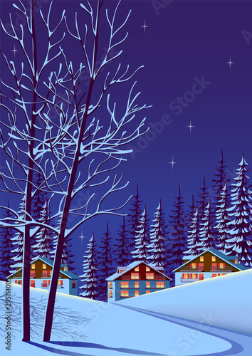 Night winter landscape with alpine village and forest in the background