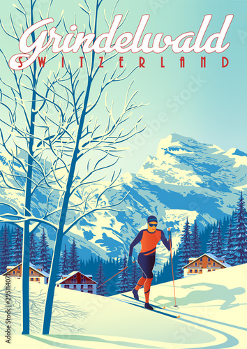 Grindelwald Travel Poster with with skier int the first plan, houses, forest and mountains in the background