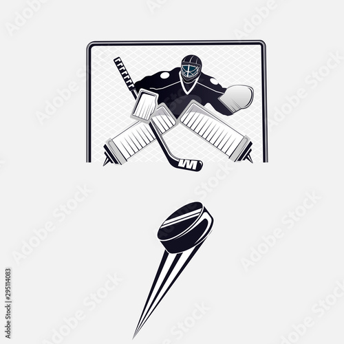 Hockey. Hockey goalkeeper on the gate beats the puck. Vector illustration