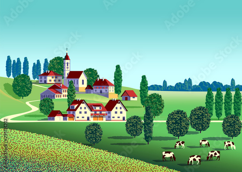 Rural summer landscape with farms, fields and trees in the background.