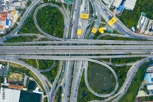 Toll expressway and motorway payment point, Road traffic an important infrastructure. multilevel junction, Aerial top view of Road and Roundabout