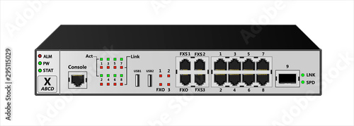 The service router for use in corporate communication networks has 8 Ethernet ports, 1 1000Base-X SFP port, 2 USB ports, 3 FXS ports, 1 FXO port. Vector illustration.