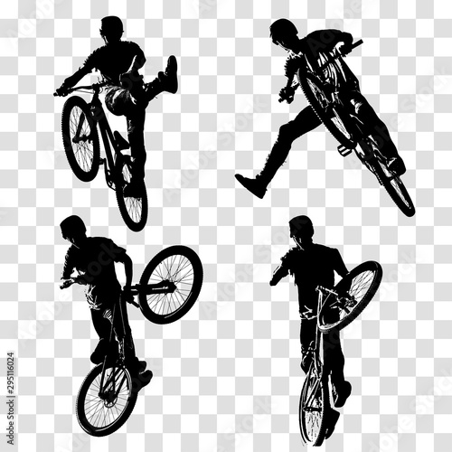 Dirt jumping illustration. Trick biker silhouette isolated on transparent background. Cyclist jump and doing trick on bicycle.