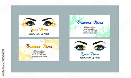 Makeup artist business card template. Vector hand drawn illustration of colorful women eyes  make-up. Concept for beauty salon, cosmetics label, visage and makeup, Motivation quote: beauty salon