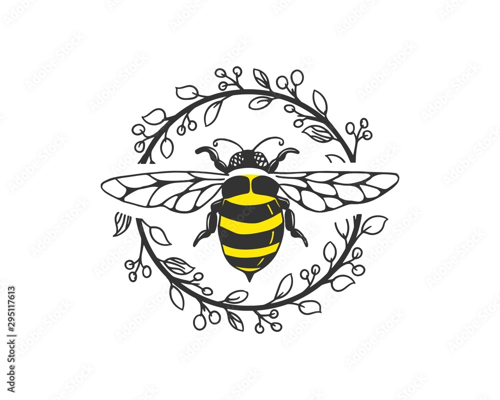 bee logo template with circle floral frame - obrazy, fototapety, plakaty 