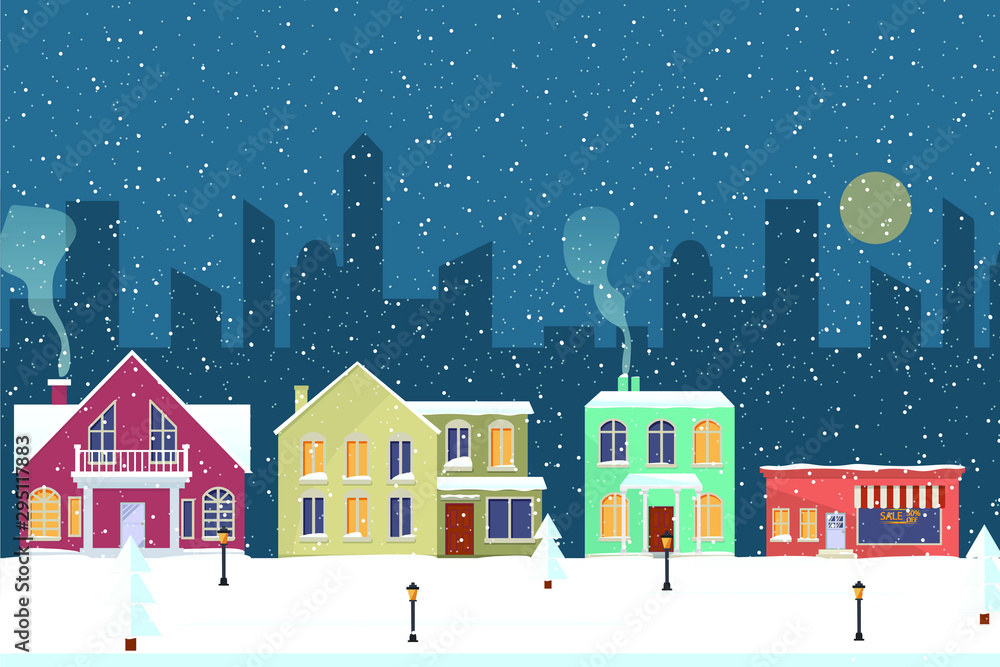 Seamless border with winter cityscape. Snowy night in a cozy city. Winter Christmas Village NIGHT landscape.