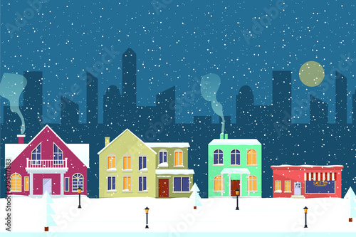 Seamless border with winter cityscape. Snowy night in a cozy city. Winter Christmas Village NIGHT landscape.