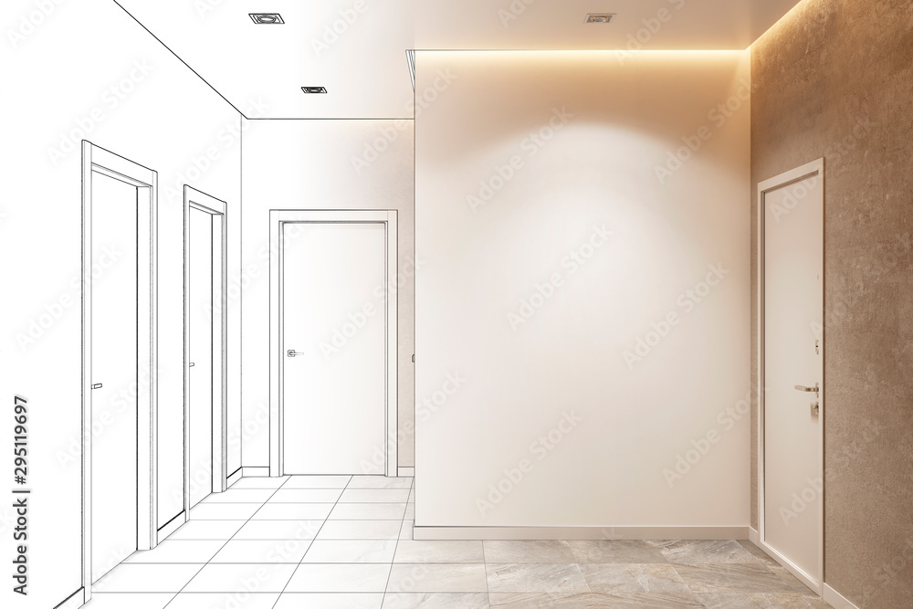 Sketch of empty modern entrance hall with a mock-up wall and doors became real interior. Front view. 3d illustration. Sketch of empty modern entrance hall with a mock-up wall and doors became real interior. Front view. 3d illustration.