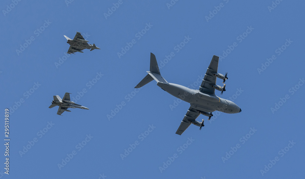 f18 eurofighter a400m formation military jet fighter f18 eurofighter a400m formation military jet fighter