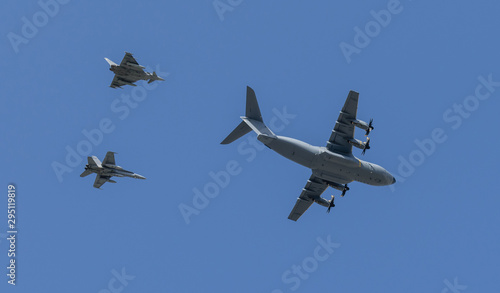 f18 eurofighter a400m formation military jet fighter