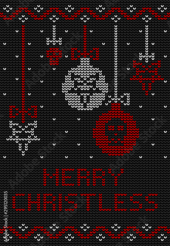 Ugly sweater knitted design  in black, red and white colors. Christmas balls decorated with a pentagram and a skull.