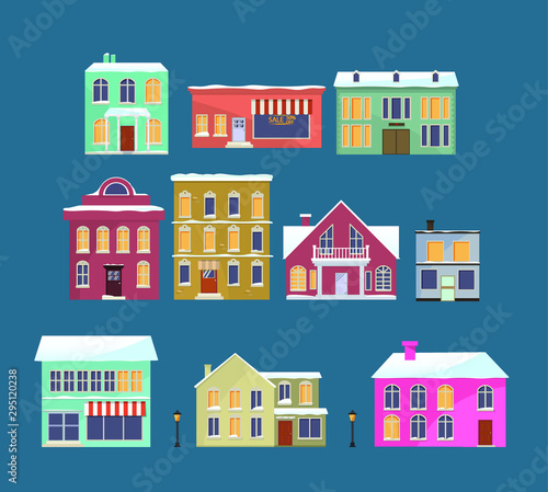 Winter isolated houses. Front view vector illustration with a roof. Modern. Townhouse in an apartment building. The facade of the house with doors and windows.