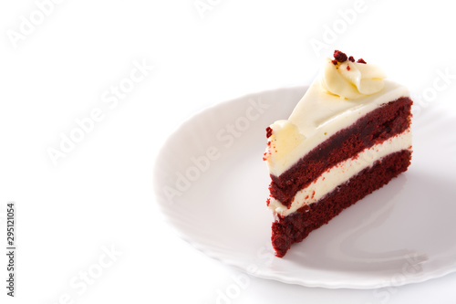 Red velvet cake slice isolated on white background. Copy space