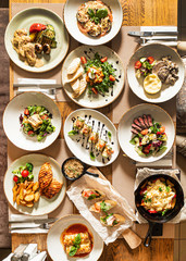 Christmas banquet  with many dishes, top view