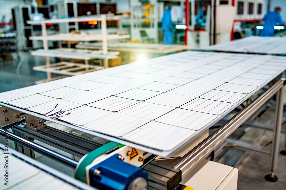 Fototapeta premium Solar power panel plant. Solar batteries production.