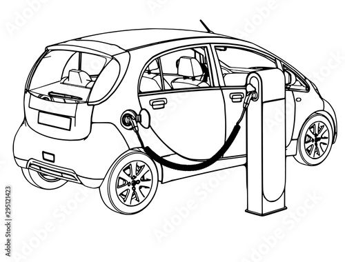 sketch of electric car with charging station vector