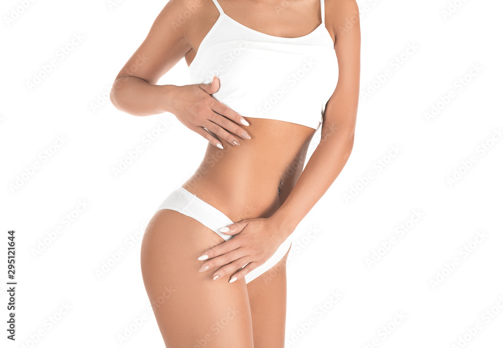 Liposuction and healthy lifestyle, weight loss concept - woman body over white background.