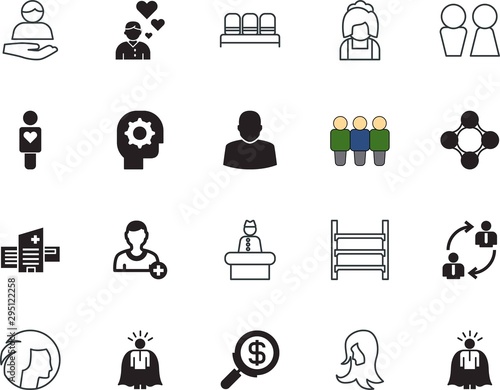 people vector icon set such as: member, meeting, financial, registration, care, hotel, seating, help, support, truck, look, lobby, inspiration, medical, forum, brush, front, mind, imagination