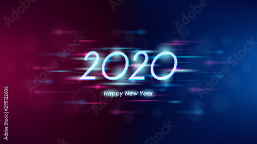 Happy new year 2020 in abstract technology lines and glitter on red and blue color background
